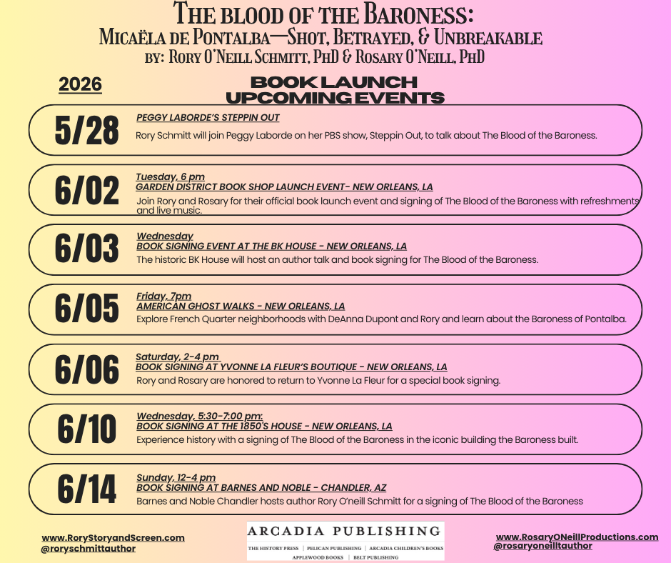 Schedule of events for The Blood of the Baroness book launch in New Orleans, LA and Phoenix, AZ